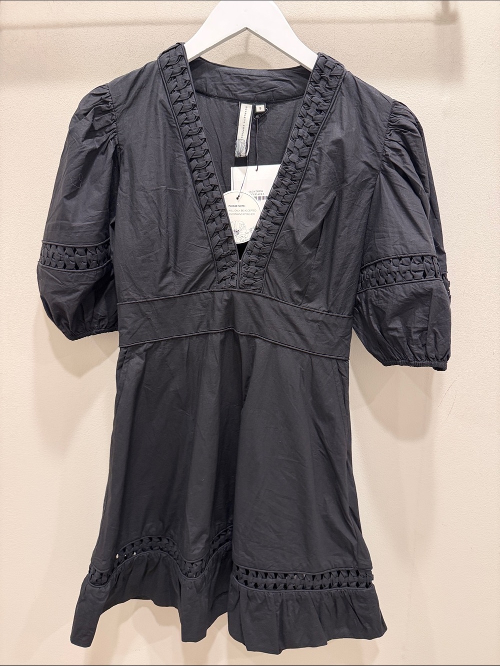 Black V-Neck Puff Sleeve Mini Dress with Trim Detail